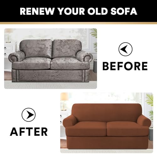 PrinceDeco T Cushion Loveseat Slipcover 3 Pieces Sofa Covers for T Cushion Sofa Stretch Slip Covers for 2 Cushion Couch with 2 Individual T Shape Seat Covers Width Up to 76"- Washable, Caramel