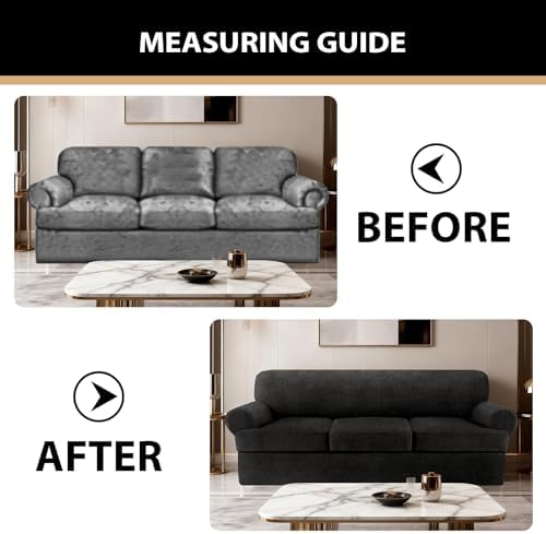 4 Piece T Cushion Sofa Slipcovers Stretch Couch Slip Cover for 3 Cushion Couch Sofa, Machine Washable for Living Room (Black, 3 Cushions)