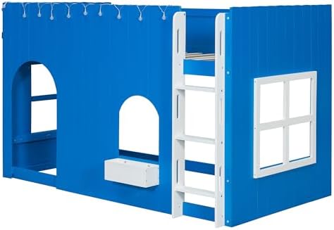 Merax Twin Loft Bed with Ladder and House-Style Frame, Klein Blue