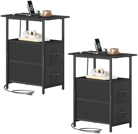 Somdot End Table Set of 2 with Charging Station, 2 Drawers, Slim Side Table