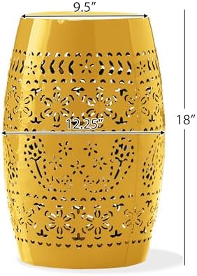 Christopher Knight Home Zoey Small Outdoor Side Table, Lace Cut Iron End Table, Metal Outdoor Stool, Hollow Drum Round Side Table, Decorative Garden Stool with Cutout Design for Patio Balcony, Yellow