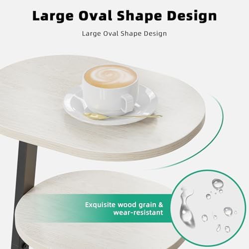 Kalrin Side Table, Small End Table with Metal Frame, 3-Tier Bedside Tables, Round Side Tables for Living Room Bedroom Couch Bathroom, Oval, White Maple
