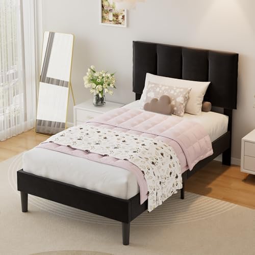 VECELO Twin Size Bed Frame with Upholstered Headboard, Velvet & Black