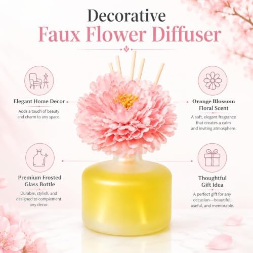 Orange Blossom Reed Diffuser with Sakura Flower, 3.38 Fl Oz