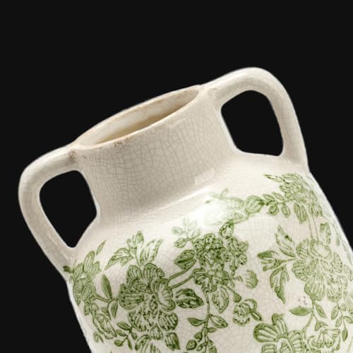 Vintage Vase with Handles, Ceramic Utensil Holder, Flower Decorative Vase Chinoiserie Decor Rustic Farmhouse Retro Floral Vases for Table Bookshelf Mantel Kitchen Living Room Office - 6.7” Green 017