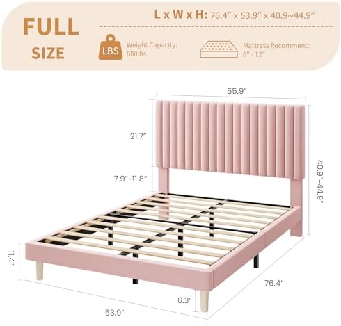 Full Bed Frame with Adjustable Headboard, Velvet Upholstered Platform Bed