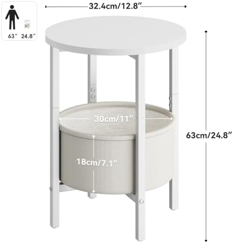 Vagusicc Small Round Side Table, Accent End Table with Fabric Basket, Drink Table Coffee Table for Small Spaces, Sofa Corner Table,Bedside Table,Modern Nightstand for Living Room, Bedroom, White