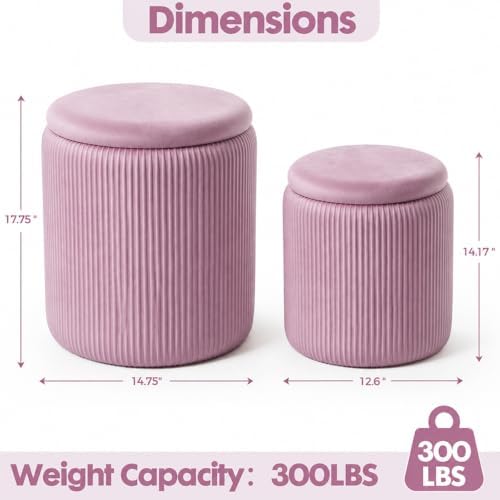YYW HOME Velvet Round Ottoman with Storage Set of 2, Pink Vanity Stool
