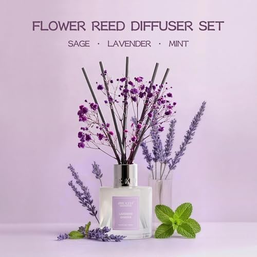 Airkeep Reed Diffuser Set,3.38 fl oz (100 ml) - Lavender Garden Oil Diffusers with 8 Reed Sticks, Home Fragrance Reed Diffuser for Bathroom Shelf Decor
