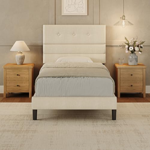 GRUSIGN Twin Size Bed Frame with Linen Fabric Headboard, Adjustable Height Upholstered Platform Bed Frame with Wooden Slats, Easy Assembly, Beige