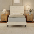 GRUSIGN Twin Size Bed Frame with Linen Fabric Headboard, Adjustable Height Upholstered Platform Bed Frame with Wooden Slats, Easy Assembly, Beige
