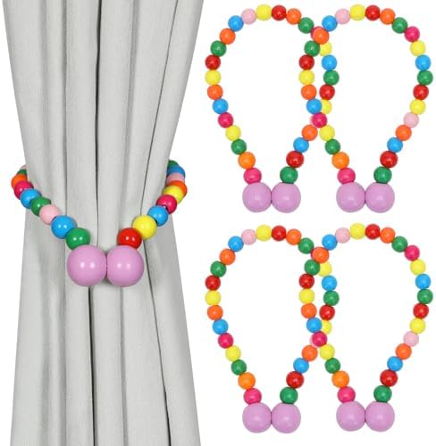 KLOGTSIND Magnetic Curtain Tiebacks, 4 Pack Wood Bead Curtain Holdbacks