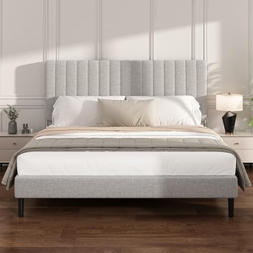 King Linen Bed Frame with Vertical Channel Tufted Headboard Light Grey