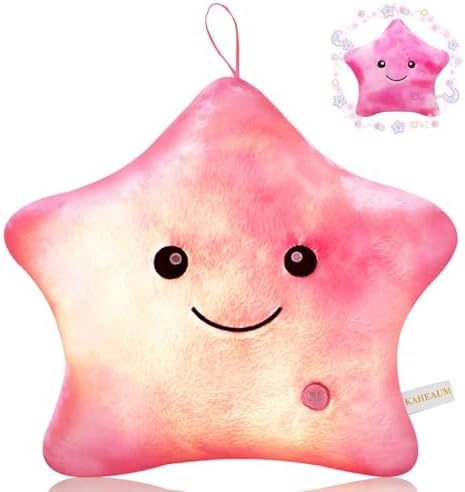 Glow Star Pillow LED Night Light UP Stuffed Animals for Girls Boys Kids Pillows Adults Childrens Plushie Birthday Party, Kids' Plush Toy Pillows Star Shaped Pillow White Pink