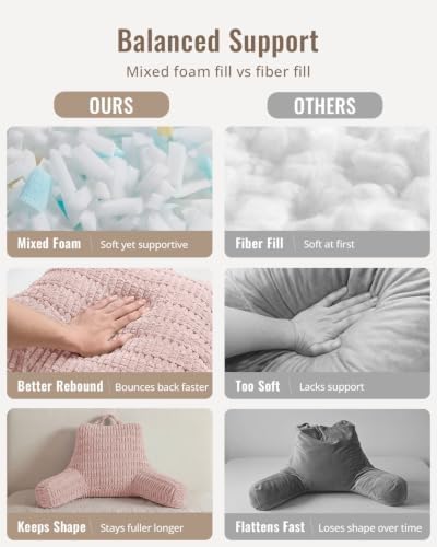 Blissful Diary Reading Pillow, Large Backrest Pillow with Shredded Memory Foam for Adult & Children, Designed for Bed and Couch Sitting Up, Includes Arms, Pockets and Washable Cover, Pale Pink