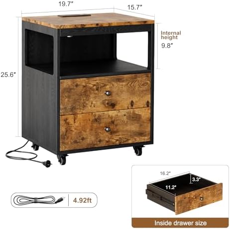 Bedroom Nightstand with Charging Station, Side Table with 2 Drawers,Sofa End Table Living Room with Wheels for Living Room Bedroom Office(Rustic Brown + Black)