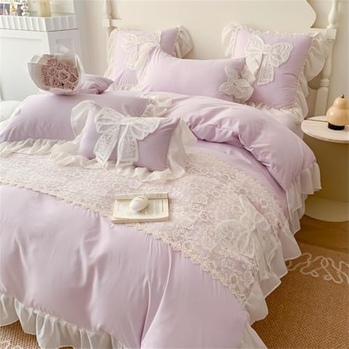 MOOWOO Lovely Bow Chic Duvet Cover Set- Ruffle Lace Polyester Comforter Cover -Girl French Princess Style Bedding-2 Piece Twin Duvet Cover with Zipper Closure-No Comforter-Purple,Twin Size