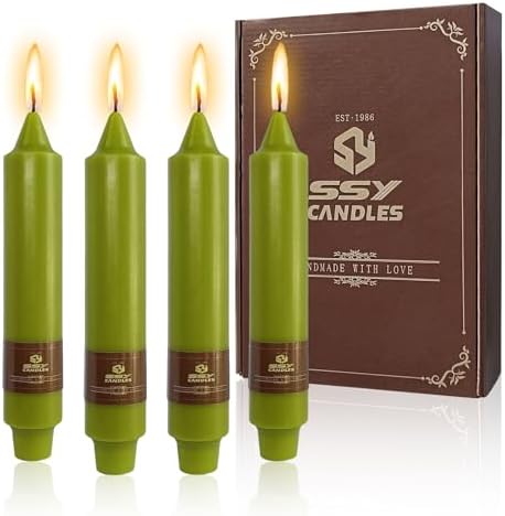 NJAO HOO Mustard Green Short Taper Candle 7 Inch Candlesticks Unscented Dripless Tapered Candle Set for Home Decor Wedding Party Dinner Candles, 4 Pack