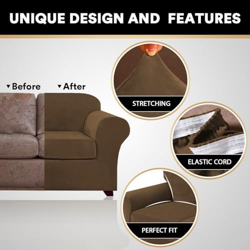PrinceDeco Velvet Couch Cover Loveseat Covers for 2 Cushion Couch 3 Piece Sofa Covers for Dogs Washable Loveseat Covers Width Up to 72 Inch No Slip Stretch Sofa Slipcover(Medium, Bronze Brown)