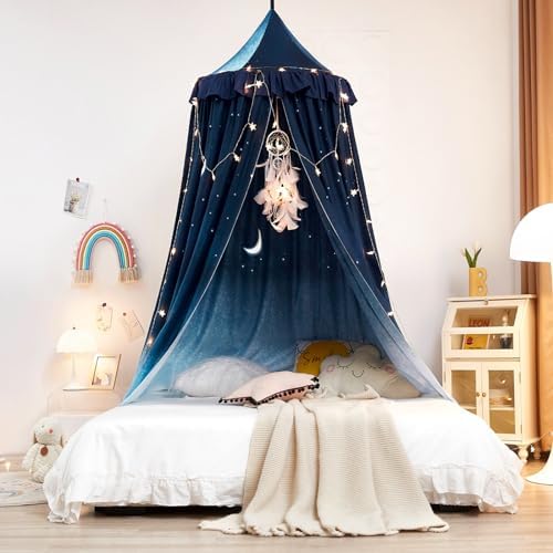 Kertnic Decor Princess Canopy for Girls Bed, Soft Smooth Playing Tent Canopy Room Decoration Castle, Dreamy Mosquito Net Bedding, Reading Nook Canopies in Home (Night Sky-Ruffle)
