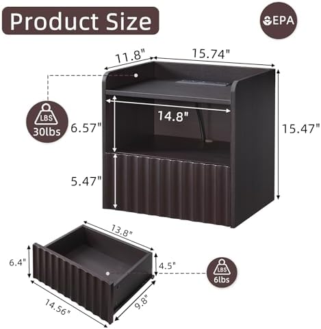 BuildHom 16"Wide Floating Nightstand Set of 2 for Bedroom
