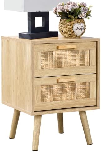 Finnhomy Nightstand, End Table, Side Table with 2 Hand Made Rattan Decorated Drawers, Wood Accent Table with Storage for Bedroom, Natural (Patented)