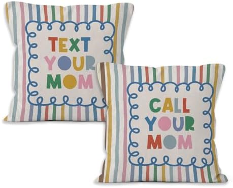Funny Call Your Mom Throw Pillow Cover 18x18 Set of 2, College Student Gifts Decorative Pillow Covers for College Dorm Room Bedroom Couch Sofa, Colorful Striped Accent Pillows Cover Pillowcases