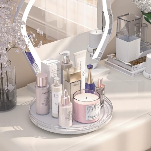 Oroyutor 13-Inch Oak Lazy Susan Vanity Tray with Silver Metal Rail