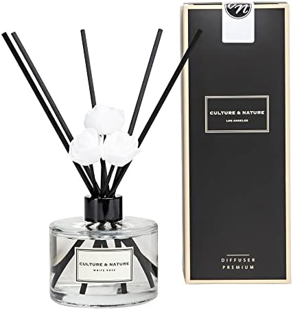 CULTURE & NATURE Reed Diffuser Set 6.7oz (200ml) White Rose Scented Diffuser with Sticks Home Fragrance Reed Diffuser for Bathroom Shelf Decor