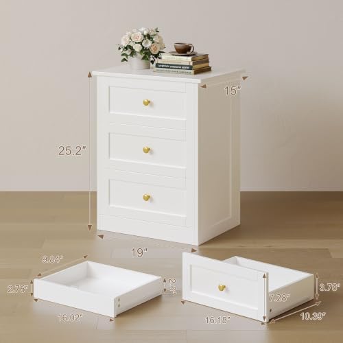 wanan Nightstands Set of 2 with Hidden Drawer, White and Gold