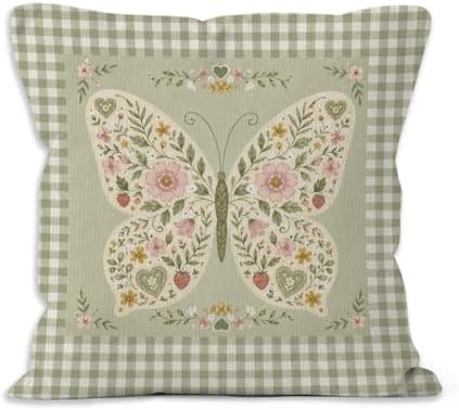 Cottagecore Floral Butterfly Throw Pillow Cover 18x18, Baby Girl Nursery Decorative Pillow Covers for Kids Toddler Girls Room Bedroom, Vintage Green Gingham Plaid Accent Pillows Cover Pillowcases