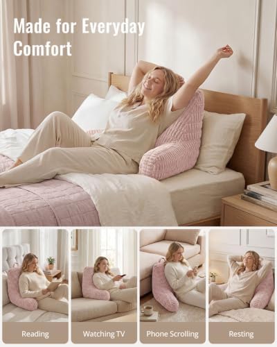 Blissful Diary Reading Pillow, Large Backrest Pillow with Shredded Memory Foam for Adult & Children, Designed for Bed and Couch Sitting Up, Includes Arms, Pockets and Washable Cover, Pale Pink