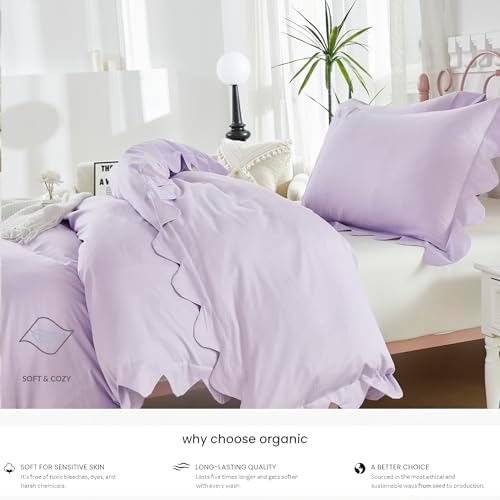 Brandream Organic Cotton Duvet Cover Set Twin/Twin XL Scalloped Edge Purple Girls Bedding Size Soft Breathable Luxury Bed Set Grandmillennial Cottagecore Coquette Hotel Style Bedroom, Zipper Closure