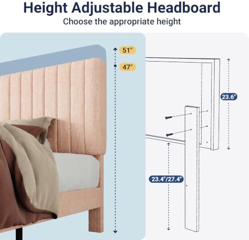 Allewie Full Bed Frame, Upholstered Platform Bed with Adjustable Vertical Channel Tufted Headboard, Mattress Foundation with Strong Wooden Slats, Box Spring Optional, Easy Assembly, Chenille Pink