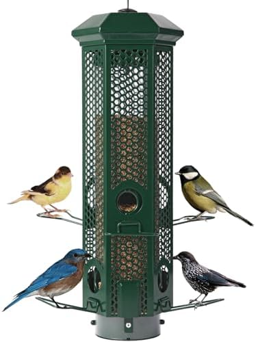 Squirrel Proof Bird Feeders with Removable Base, Metal Wild Bird Feeder for Outdoors Hanging, 6 Weight-Activated Ports Perches, 3LB Seed Capacity(Green)