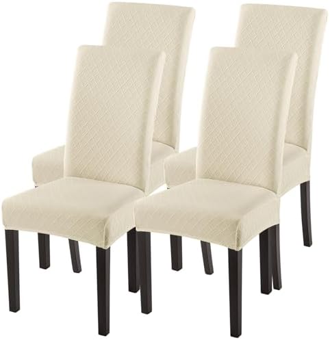 SearchI Dining Room Chair Covers Set of 4, Stretch Jacquard Parsons Chair Slipcovers Super Fit Removable Washable Kitchen Chair Protector Cover for Dining Room, Hotel, Ceremony (Beige Rhombus)