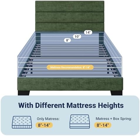 Allewie Twin Size Platform Bed Frame with Fabric Upholstered Headboard and Wooden Slats Support, Fully Upholstered Mattress Foundation/No Box Spring Needed/Easy Assembly, Green