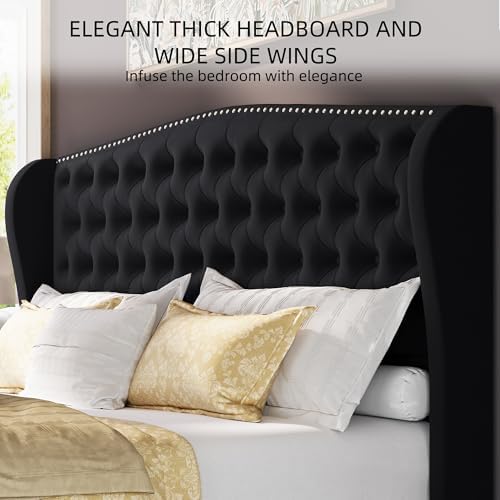 BRELTAM Upholstered King Size Bed Frame Velvet Black Tufted Platform Bed Frame with Wingback Headboard & Footboard, with Deep Button Tufted & Nailhead Wooden Slats Support, No Box Spring Needed