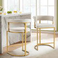 Set of 2 Beige Modern Velvet Bar Stools with Barrel Backrest, Upholstered Seat, and Gold Metal Footrest – 25.6-Inch Seat Height, Ideal for Counters, Home Bars, and Kitchen Islands