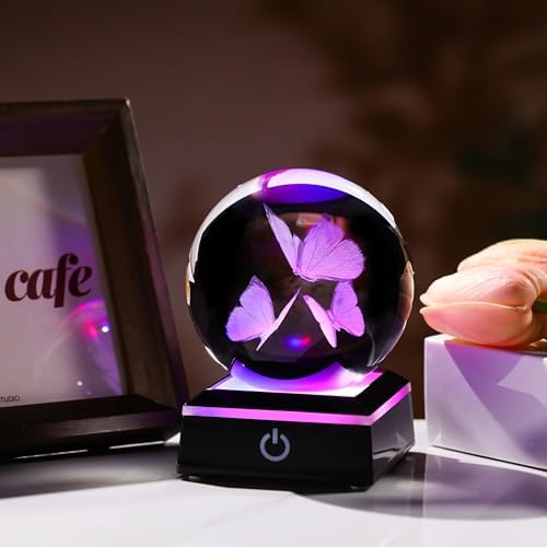 Butterfly Gifts for Women 3D Crystal Ball 3.14'' - 80mm Laser Decor Glass Animals Figurines Statue for Room Decorations Night Light