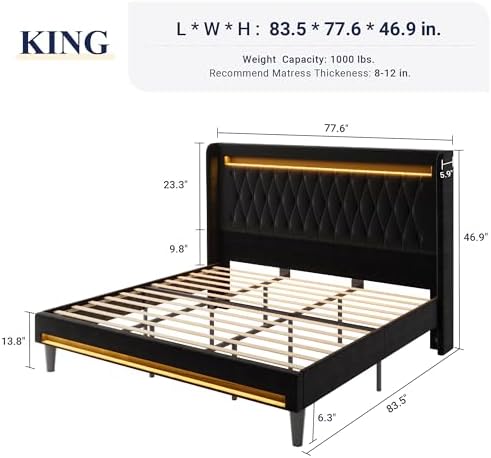 Allewie King Size Upholstered Bed Frame with LED & Charging Station, Black