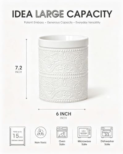 FUN ELEMENTS Kitchen Utensil Holder, 7.2" Super Large Utensil Crock Heavy and Stable Lace Emboss Ceramic Utensil Holder for Kitchen Counter (Bright White)