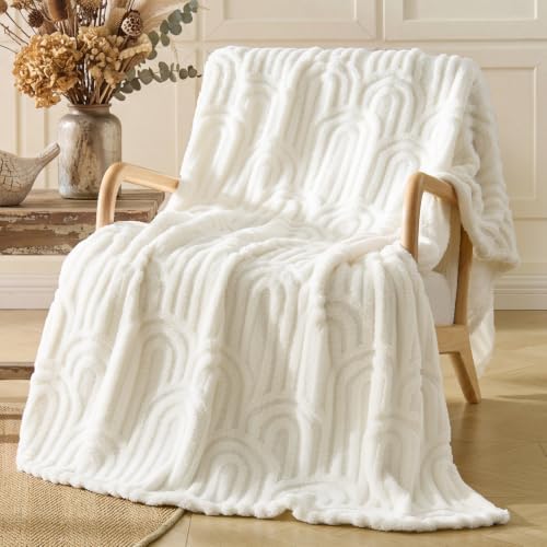 BEDELITE Cream White Boho Fleece Throw Blanket for Couch, 50x60 Inches