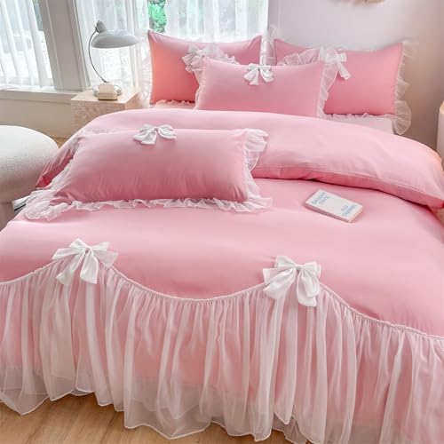 SOUKECHY Girls Lace Bedding,Twin Comforter Cover Set, Chic Ruffled Duvet Cover with Lovely Bow,Princess Style 1 Duvet Cover with 1 Pillowcases, No Comforter-Bright Pink,Twin Size
