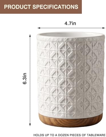 Boho Kitchen Decor Ceramic Utensil Holder with Wooden Base, Checkered Utensils Holder for Farmhouse Indoor Decorations, Utensil Crock for Kitchen Counter Utensil Organizer for Spatula & Spoon