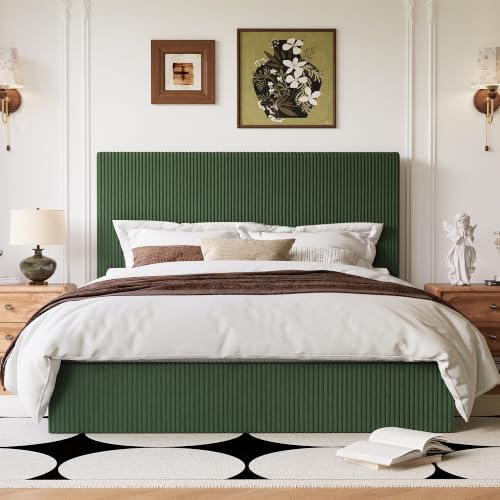 Allewie Queen Bed Frame, Adjustable Corduroy Headboard, Platform, Green