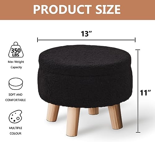 Wimarsbon Storage Ottoman, Modern Round Footrest with Soft Padded Seat, Teddy Velvet Footstool with Wood Legs, Accent Small Table or Plant Stand for Hallway, Living Room (Black)