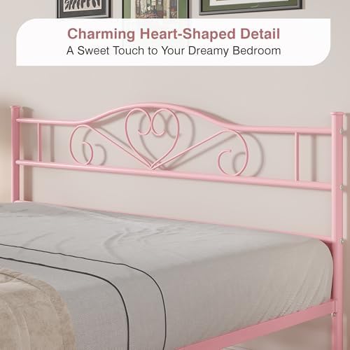 VECELO 14 Inch Queen Size Metal Platform Bed Frame with Headboard and Footboard, Heavy Duty Mattress Foundation with Steel Slats Support, No Box Spring Needed, Pink
