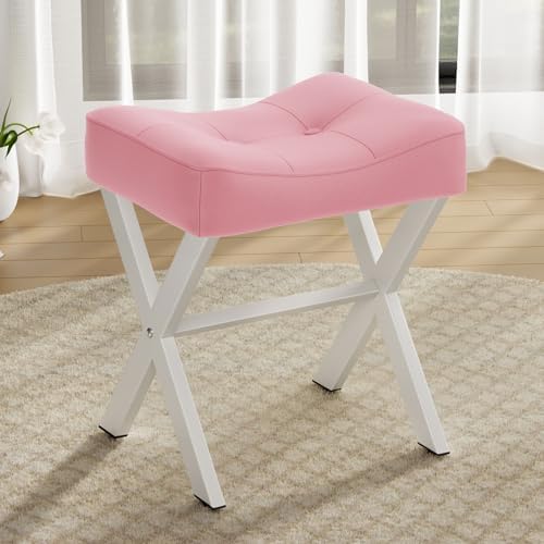 Memobarco 18-Inch Leather Vanity Stool Chair, Pink Saddle Vanity Stool