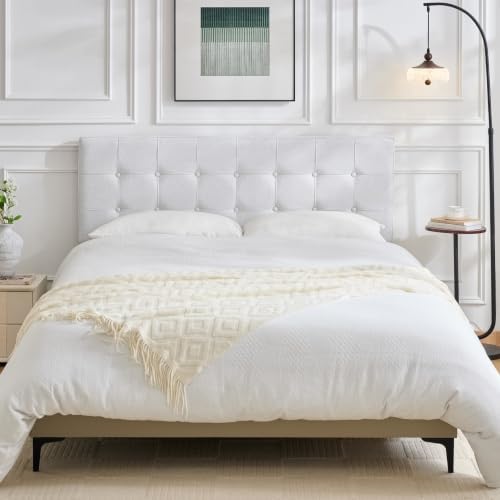 Linen Tufted Headboard Queen Size, Solid Wood Queen Headboard Only, White